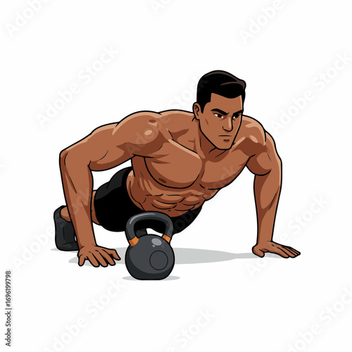 A muscular man performing a kettlebell push-up exercise, focusing on his workout.