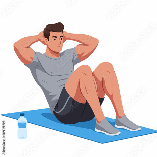 A fit man performing a sit-up exercise on a blue yoga mat with a water bottle nearby.