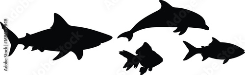 A diverse group of sea animal silhouettes, including a shark, dolphin, goldfish, and tuna, perfect for oceanthemed designs