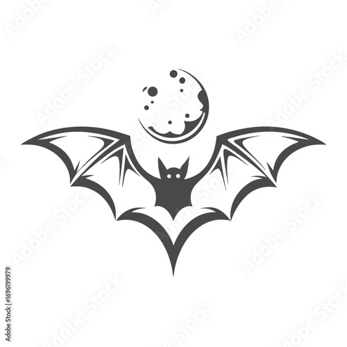 Isolated Silhouette Bat Flying Against Moon on White Background