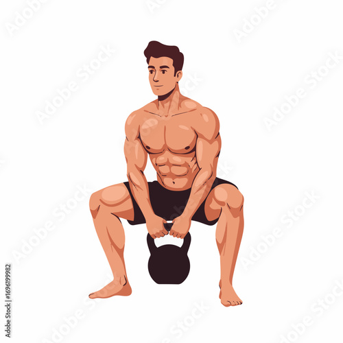 A muscular man performing a kettlebell goblet squat exercise, demonstrating strength and fitness.