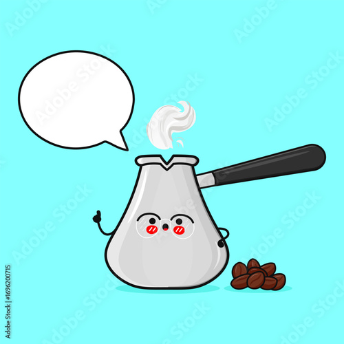 Cute Cartoon Coffee Pot with Beans and Speech Bubble