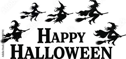Happy halloween illustration featuring witches broomsticks flying in front of full moons and festive lettering