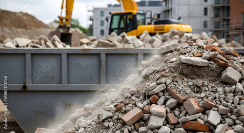 Demolition debris removal construction site excavator rubble waste disposal building renovation industrial machinery heavy equipment earthmoving recycling