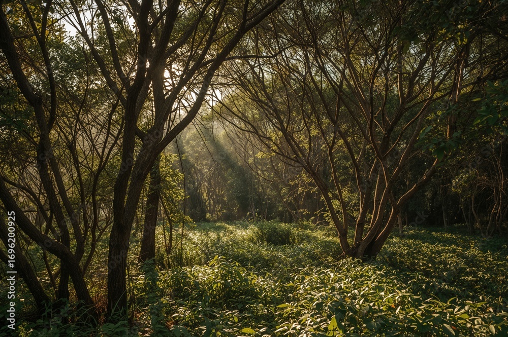 Obraz premium A photograph showcasing the stunning effect of sunlight streaming through dense greenery in a tropical setting.
