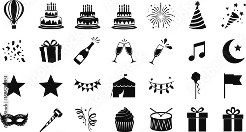 Collection of party icons featuring celebratory symbols like cakes, balloons, confetti, and musical notes for festive designs