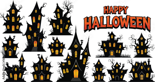 Happy halloween haunted houses featuring spooky architecture, glowing windows, and the words happy halloween in orange font