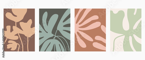 Set of abstract foliage poster vector design. Leaves, flower, organic shapes with earth tone colors. Illustration design for Eco packaging, interior, cover, wall art, wallpaper