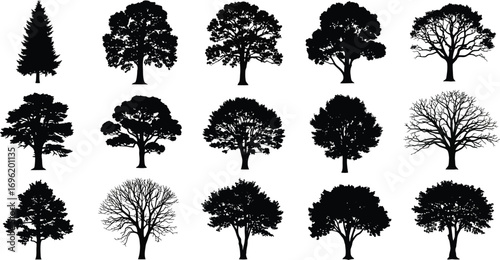 Assortment of tree silhouettes, showcasing various shapes and sizes of trees for naturethemed designs and illustrations