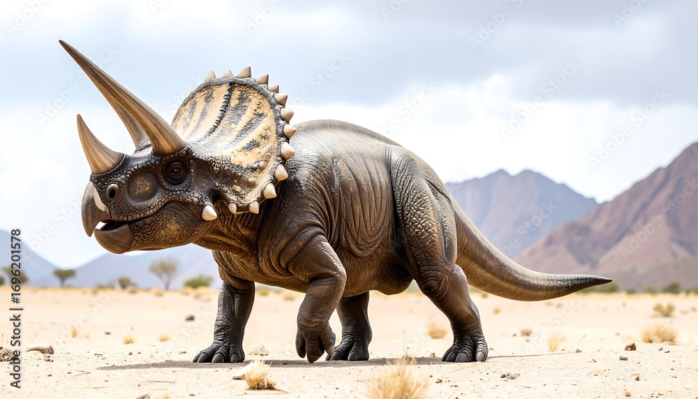 Fototapeta premium A majestic, three-horned dinosaur creature stands proudly in a desolate, arid landscape. The creature's skin showcases textured detail against a background of rolling mountains