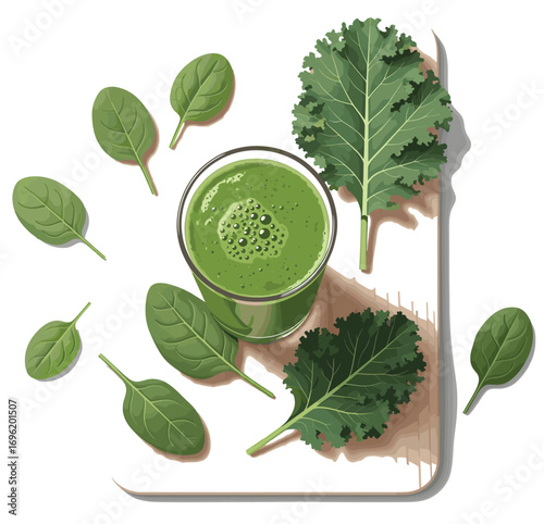 Spinach & Kale Smoothie Flat Lay with Fresh Greens Vector