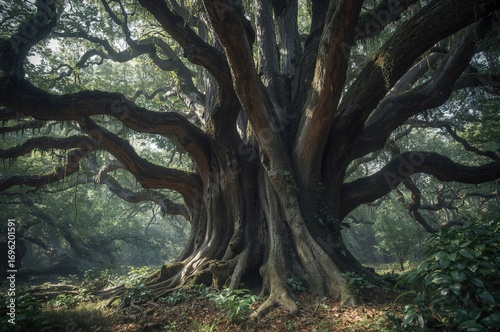 A stunning forest featuring giant trees is visible in the background, created with generative AI tools