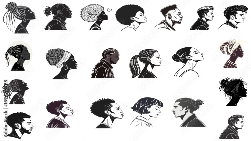 Naklejka premium 21 silhouette hairstyles of people of different races.