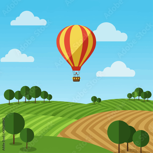 A vibrant hot air balloon floats serenely over rolling green hills and cultivated fields under a clear blue sky with fluffy clouds.