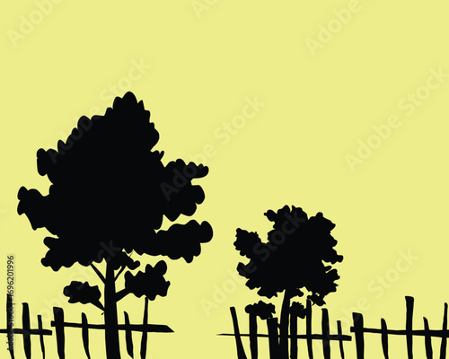 Silhouette of trees with wooden fence.eps