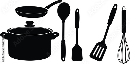 Kitchen utensil silhouettes featuring a pot, pan, spoon, spatula, and whisk for cooking and food preparation