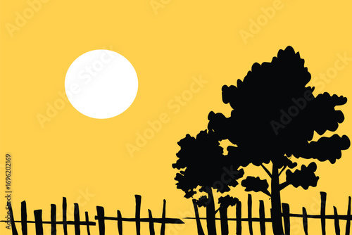 Silhouette of trees with wooden fence with sunset.eps