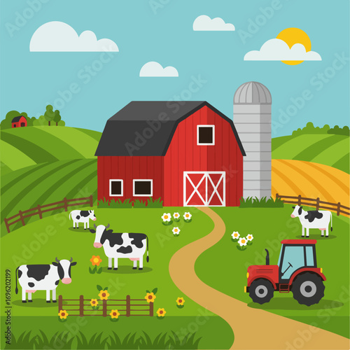 A vibrant illustration of a red barn, silo, tractor, and cows on a lush green farm with rolling hills and a bright sun.