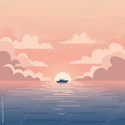 A serene seascape at sunset with a lone boat sailing on calm waters under a sky filled with soft, pastel clouds.