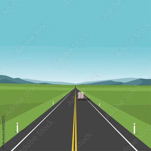 A long, straight highway stretches into the distance under a clear blue sky, with green fields on either side and a single truck in the distance.