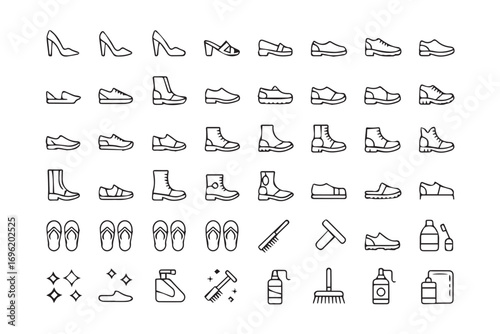 modern shoe icon vector illustration pack includes sneakers sandals heels loafers boots shoehorn and cloth icons