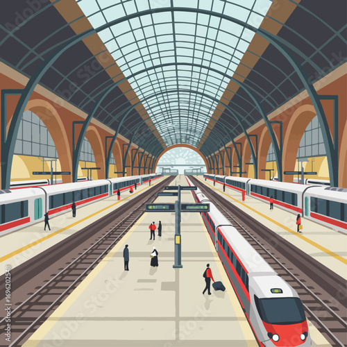 A bustling train station with modern trains on parallel tracks under a grand glass roof, with passengers waiting and boarding.