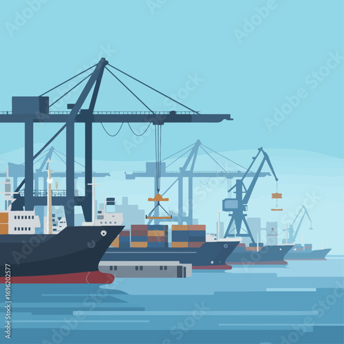 A busy shipping port with large cranes loading containers onto cargo ships.