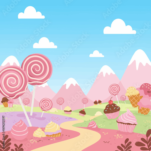 A whimsical candy land landscape with lollipop trees, cupcake hills, and ice cream mountains under a blue sky.