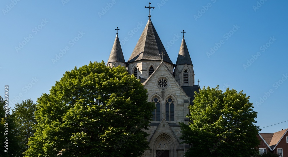 Fototapeta premium 青々とした木々と輝く陽光の中、荘厳な教会堂. AI Generated