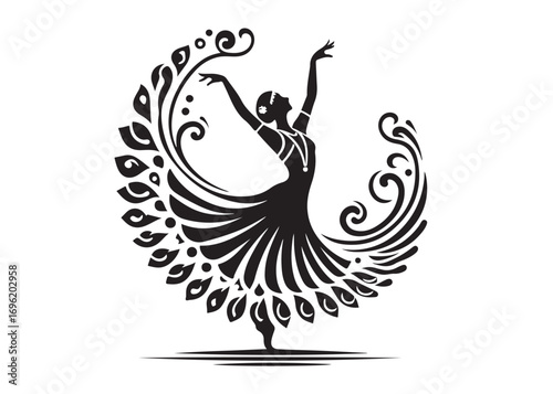 traditional female dancer logo silhouette vector, traditional indian classical dancer silhouette vector illustration, indian dancer in a traditional pose logo silhouettes vector on white background. 