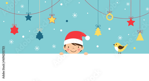 Festive holiday background with a cute child and christmas ornaments for winter celebrations