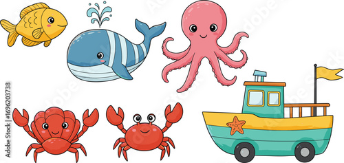 Cute sea animals and boat vector set, cartoon ocean creatures illustration, whale, octopus, crab, fish clipart for kids design