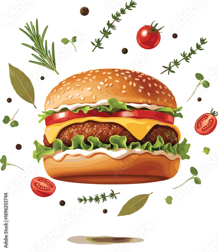 Surreal vector illustration of a gourmet cheeseburger floating with herbs, spices, and mini vegetables around it, dramatic lighting, perspective view, solid white background