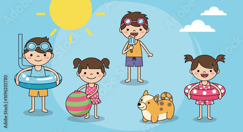 Happy children enjoying summer vacation fun activities by the sparkling blue poolside together under the bright sunny sky