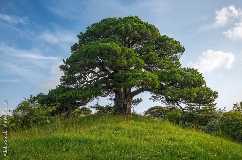Fototapeta premium A cedar tree standing on a lush green lawn scattered with some dry leaves