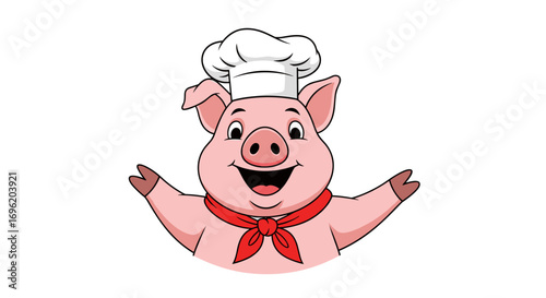 A cheerful cartoon pig chef wearing a white hat and red bandana smiling with open arms ready to cook delicious meals for everyone