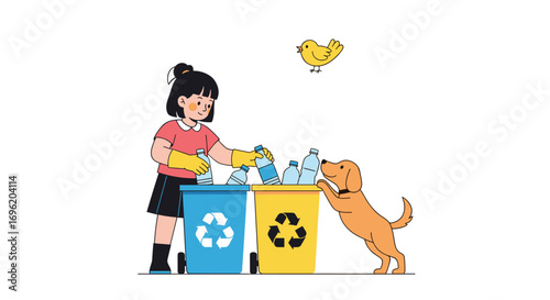 A young person and a dog sorting recyclables into bins promoting environmental awareness and sustainable practices