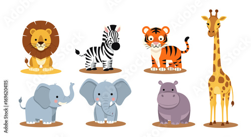 Cute cartoon safari animals collection featuring lion zebra tiger elephant hippo and giraffe
