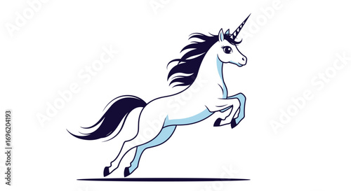 Majestic white unicorn galloping with a dark mane and tail in mid-air fantasy creature mythological animal illustration