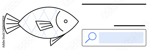 Fish with a textured body, search bar with magnifying glass icon, and horizontal lines. Ideal for topics thumbs up exploration, finding, aquatic life, minimalism, research, creativity and simple