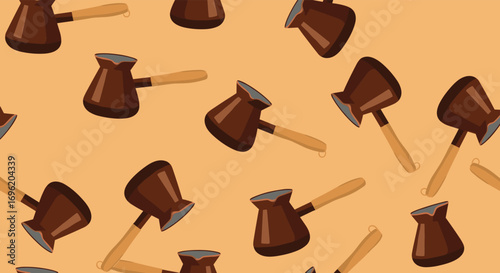 A pattern of traditional turkish coffee pots scattered across a warm background