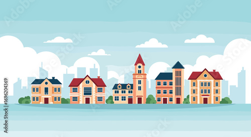 Charming suburban neighborhood landscape with diverse residential houses and city skyline in the background under a blue cloudy sky