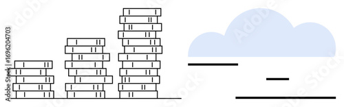 Piles of books arranged in ascending order alongside a minimalistic blue cloud. Ideal for education, learning, knowledge, growth, organization, cloud storage, data concepts, simple landing page