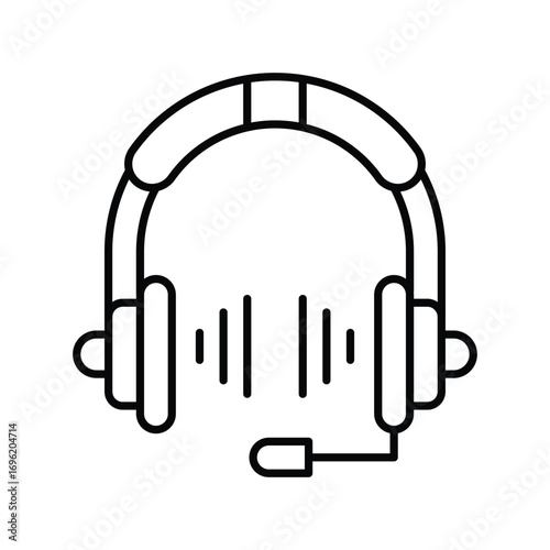 A black and white outline icon of a headset with a microphone. Editable stroke icon
