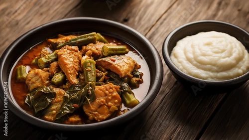A traditional Angolan calulu de peixe, a hearty and savory fish stew with fresh okra and vegetables, served with a side of funge porridge.