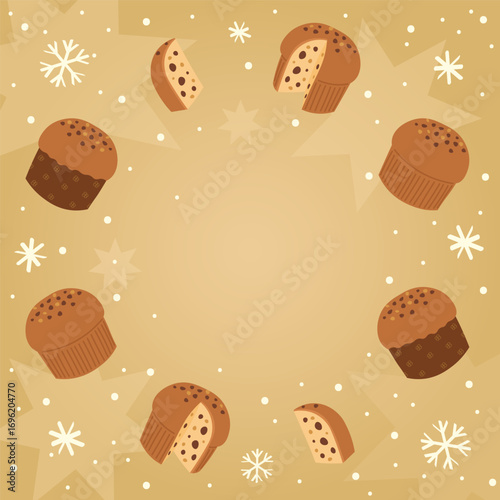 A cheerful poster featuring festive panettone illustrations for holiday pubicity, templates, banners, social media posts and Christmas-themed backgrounds.