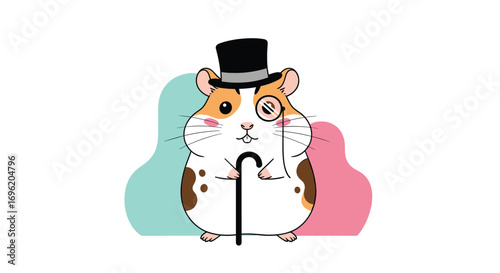 A dapper hamster sporting a top hat and monocle holding a cane with a sophisticated air