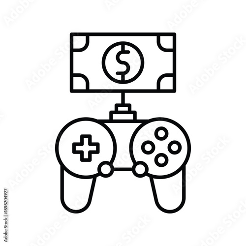 A blackandwhite icon featuring a gamepad topped by a dollar bill representing gaming monetization. Editable stroke icon