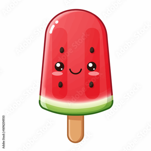 A cute cartoon popsicle shaped like a slice of watermelon with a happy face and seeds.
