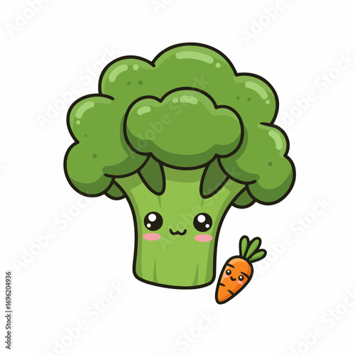 A cute cartoon broccoli with rosy cheeks and a small carrot beside it.